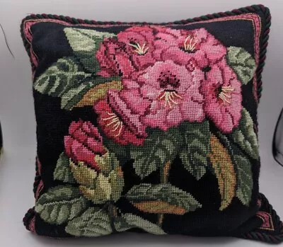 Vintage Niddle Point Pillow Pink Flowers Black Green 14x14 • $78.88