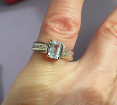 Vintage 14k White Gold Channel Emerald Cut Aquamarine Diamond Pinky Ring • $329.99