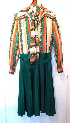 VTG 1970's Belted Long Sleeve Dress + Neck Scarf V-Neck Pleated Skirt Women's • $39.99