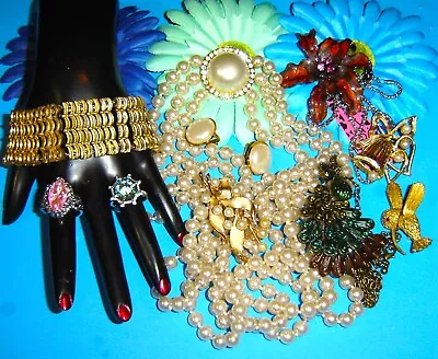 Vintage Jewelry Lot Necklaces Pin Rings Earrings Trifari BSK Betsey  A-617 • $19.99