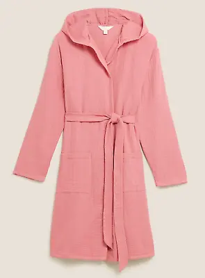 Ladies Pure Cotton Muslin Feel Waffle Hooded Dressing Gown Pink White S M L • £13.95