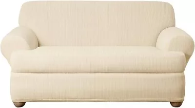 Sure Fit Stretch Pinstripe T-Cushion Two Piece Sofa Size Slipcover Cream Ivory • $99.99