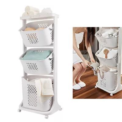$69.75 • Buy Laundry 3-Basket Rolling Cart Wheel Washing Hamper Storage Bin Shelf 3 Tier NEW