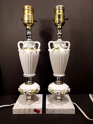 Pair 13  Vintage 1950s Hand Made Porcelain DBLE. Handled Bedside Lamps NO SHADES • $65.95