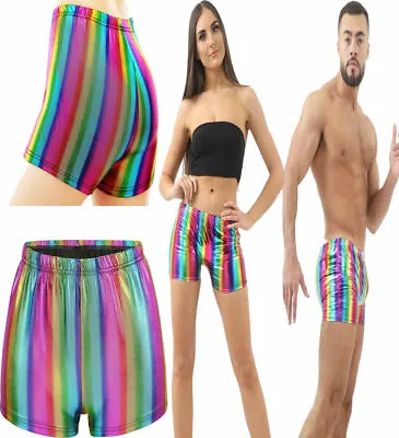 New Unisex Sexy Rainbow Shorts Mens Womens Metallic Dance Party Shinny Hot Pants • £10.27