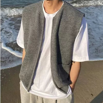 Men Cardigan Vest Waistcoat Knitted Tank Tops Jumper Sweater Zip Casual • $24.93