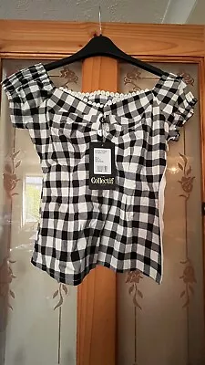 Collectif Dolores Vintage Black & White Gingham Top With Heart Buttons Size 10 • £15.22