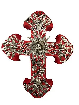 Mexican MILAGROS CROSS ExVotos Wood Cross LG  10” Red Silver • $52.80