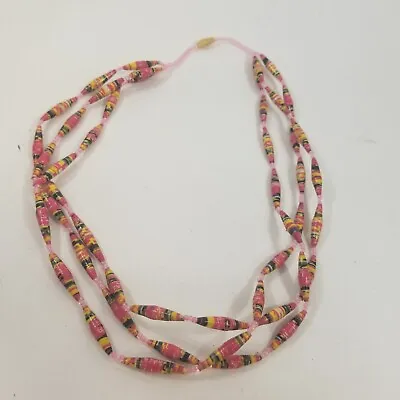 Vintage Pink Seed Bead Multi Strand Necklace Yellow Black • $12.99