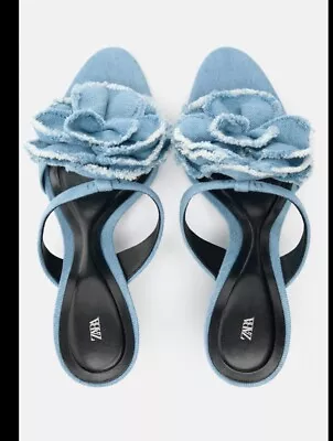 New ZARA Womens HIGH-HEEL Sandals With Floral Details  Denim US SIZE 9 • $39.99