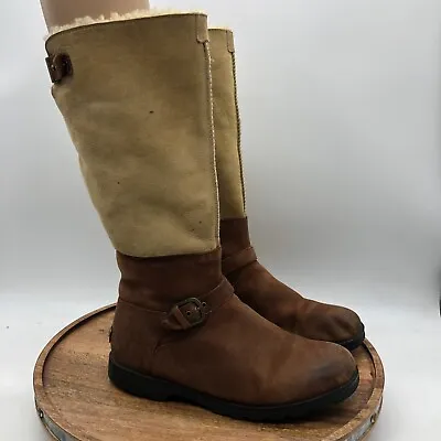 UGG Womens Size 8 Daleane Waterproof Boots Brown Tan Leather Sheepskin Tall Zip • $73.50