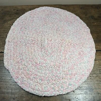 Handmade Vintage Braided Oval Rag Rug Primitive Cotton Prints 26.5  X 21.5  Pink • $18.99