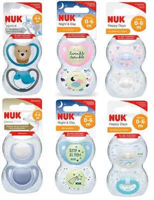 £7.59 • Buy 2 X NUK Silicone Soothers Dummy 0-6M Size 1 Genius Space Night & Day Happy Days