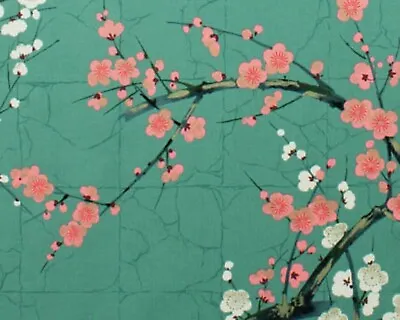 Alexander Henry Asian Golden Garden Cherry Blossom Branches - Teal Cotton Fabric • $14.99