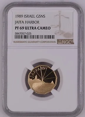 1989 Israel Gold 5 New Sheqalim Site In The Holy Land Jaffa Harbor -NGC PF 69 UC • $649.99