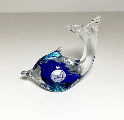 Murano Clear Crystal Art Glass Cobalt Blue Dolphin Figurine Paperweight New • $32