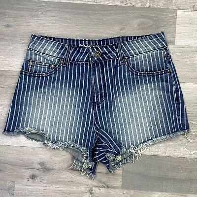 Freestyle Revolution Shorts Womens Juniors 7 Denim Pinstriped Raw Hem High Rise • $13.95