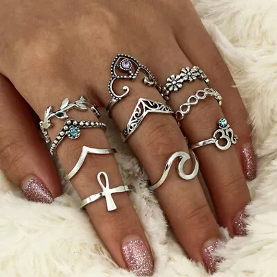 Women Bohemian Vintage Silver Stack Rings Above Knuckle Blue Rings Set • £1.19