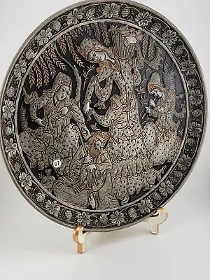 Antique Engraved Copper Silver Tone Middle Eastern Persian Qajar Tray Plate • $119.99