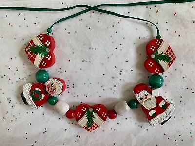 EUC Vintage Hand Painted Santa Claus Mrs Claus And Hearts Necklace One Size • $15