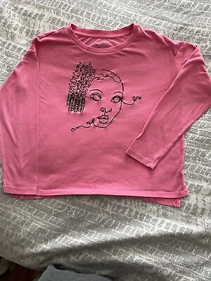 Vintage Graphic Tee Sz L Pink Half Shirt Well Worn 3/4 Sleeve Curly Hair Girl • $5