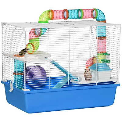 PawHut Hamster Cage W/ Tubes Exercise Wheel Water Bottle Food Dish -  Blue • £32.99