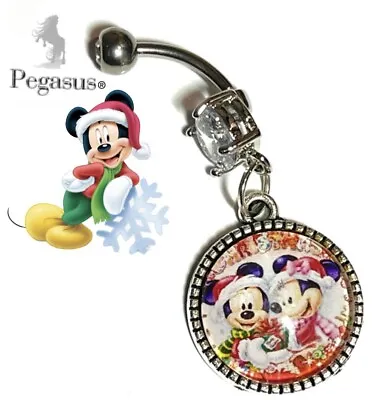 Christmas Mickey & Minnie Mouse Cabochon Glass Dangle Belly Navel Bar • £7.99