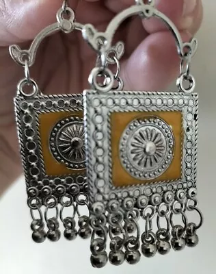 Ethnic Indian Bollywood Silver Coloured Yellow Handmade Earrings • $35.99