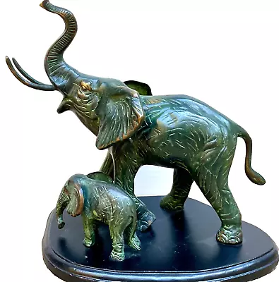 Vintage Bronze Sculpture Mother & Baby African Elephant Mounted On Metal Base • $275