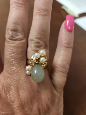 Vintage Ming's Of Honolulu 14K Gold White Pearl And Icy Light Green Jade Ring • $900