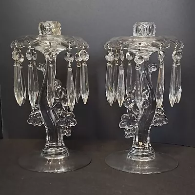 VTG Heisey Crystal Grape Cluster Pair Candelabras Bobeches Prisms Candle Holder • $149