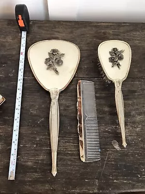 Vintage 3 Piece Vanity Set - Brush Magnifying Mirror Comb Flowers Clean Set USA • $40