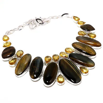 Iron Tiger's Eye Citrine Gemstone Silver Plated Jewelry Necklace 18  PG 5108 • $20.24