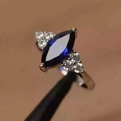 14K White Gold Plated Marquise Blue Sapphire Diamond Lab-Created Solitaire Ring • $134.99