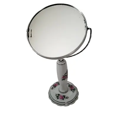 Vtg Porcelain Dresser Standing Mirror Hand Painted Pink Roses W/ Silver Cottage • $34.98