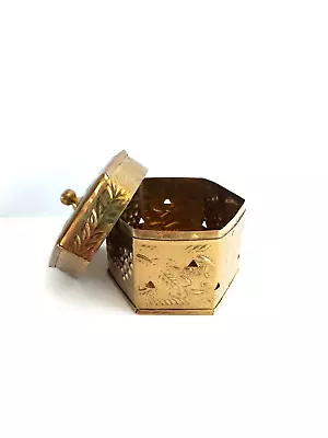 Vintage Stamped Floral Brass Hexagon Trinket Lidded Container Box  Made In India • $14.99