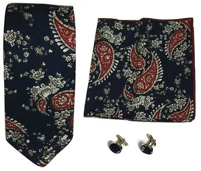 Retro Men Cotton Necktie Neck Tie Floral Paisley Flower Rose Cufflinks Hanky Set • £7.89