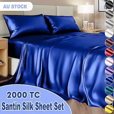 2000TC Silk Satin Sheet Set Flat Fitted Pillowcase Set Single/Double/Queen/King • $29.99