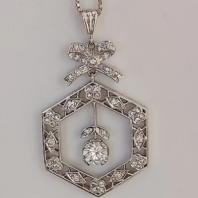 Vintage Platinum Diamond Pendant. 1+ Tcw. With .60 Solitaire. Diamond Bow Ribbon • $3000