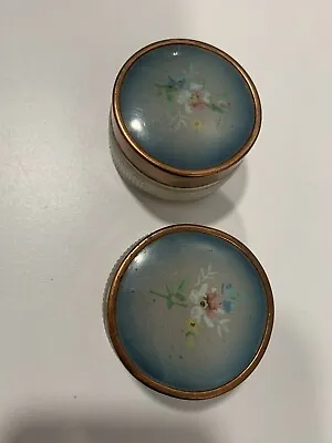 2 VTG Dresser Powder Jars With Powder Vanity Dish With Blue Floral Lid (670) • $11.88