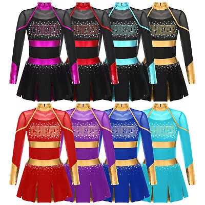 UK Kid Girls Cheer Leader Costume Long Sleeve Cheerleading Dance Dress Dancewear • £18.34