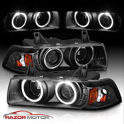 [Dual LED Halo] 1992-1998 For BMW E36 3 Series Sedan Projector Black Headlights • $142.51