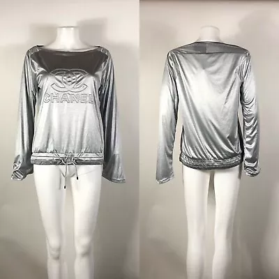 Vtg Chanel Metallic Silver CC Logo Long Sleeve Top S • $798