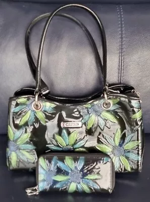 Modapelle Handbag & Wallet Set - Patent Black Leather - With Green/Blue Flowers • $60