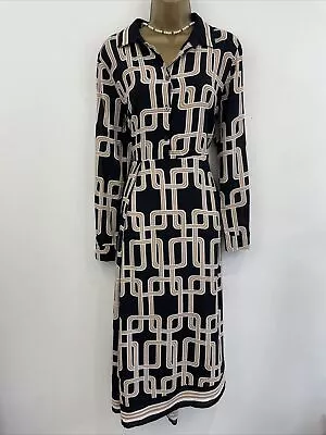 MINT VELVET Shirt Dress Midi Long Sleeve Uk 14 Black Geometric Asymmetrical • £25