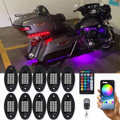 10 Pods Motorcycle RGB LED Rock Lights App Bluetooth Control For Harley Davidson • $59.11