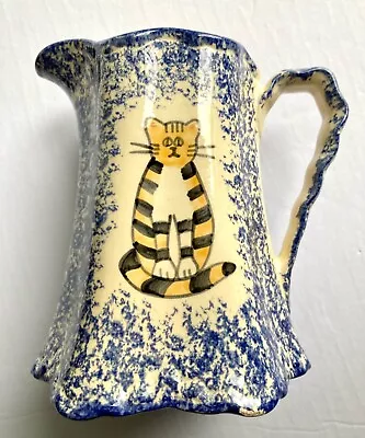 Molly Dallas Blue Splatterware USA Cat Pitcher 6” Folk Art Pottery Signed • $39.41