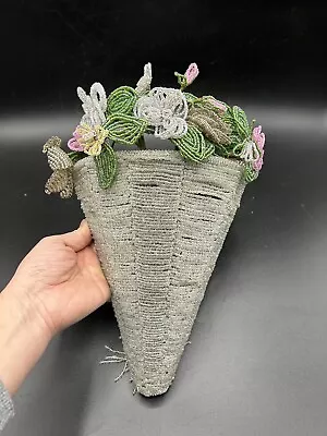 Vintage Glass Seed Bead Beaded Flower Bouquet Wall Vase Art Home Decor • $125