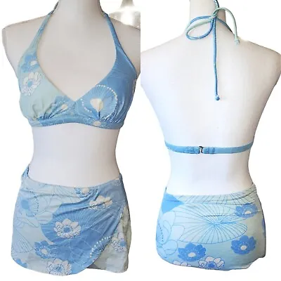 Vintage 60s 70s Pinup Retro Style Skirted Bikini Blue Halter Floral S/M READ • $74.99