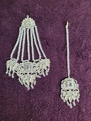 Indian Bollywood Hair Jewellery Tikka Tikli Set Silver Diamante  • £6